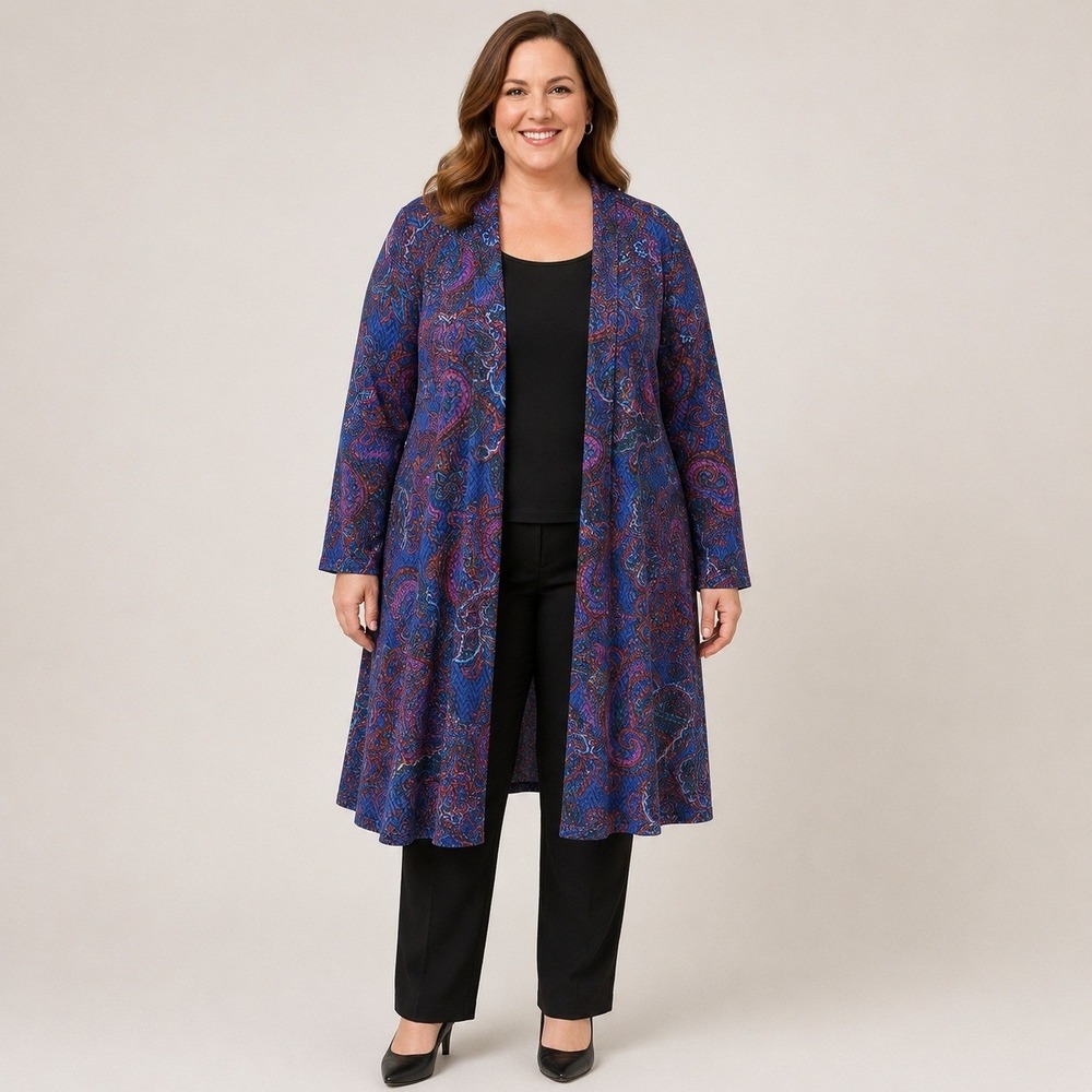 Susan Graver 2XP Blue Paisley Long Open Front Duster Cardigan Pockets